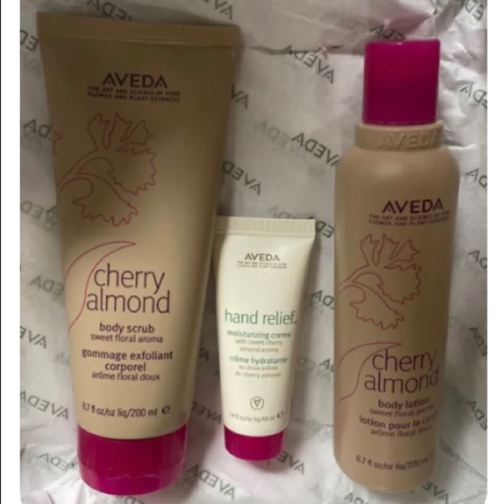 Aveda Cherry Almond Set Body Softening Trio scrub, hand & body lotions NEW - Picture 3 of 5